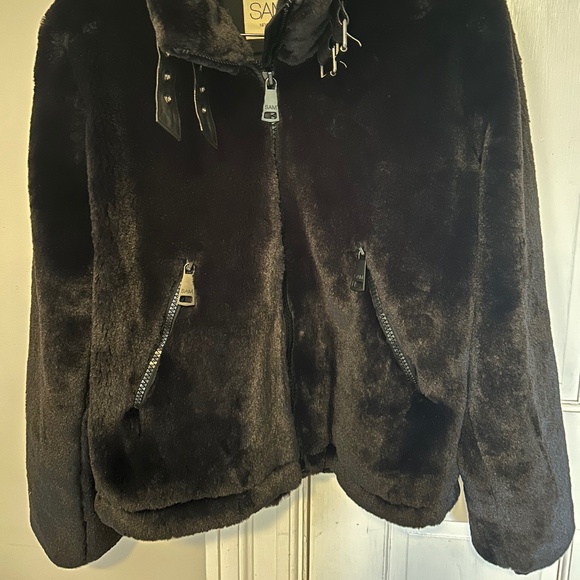 SAM Denver Black Faux Fur Moto Bomber Jacket women's large - Picture 8 of 8